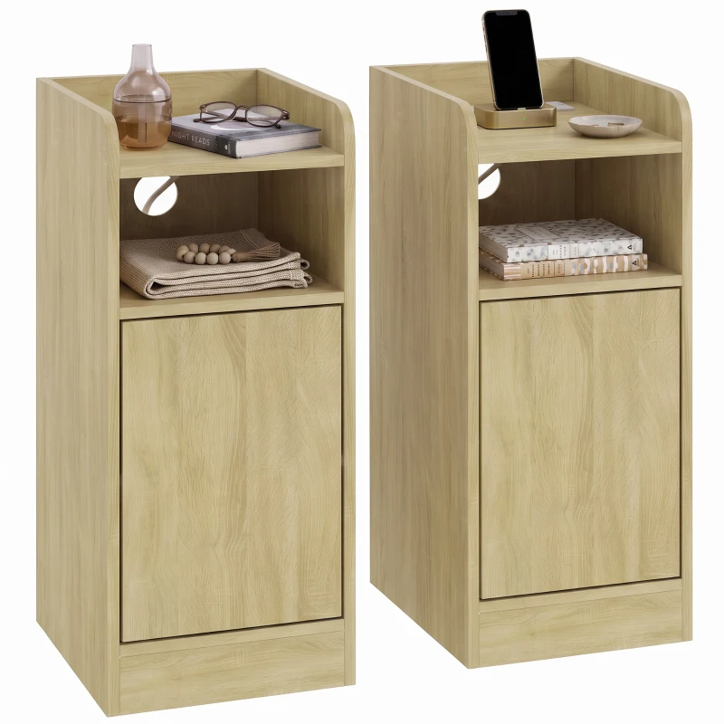 HOMCOM Slim Bedside Table Set of 2 with Charging Station, Narrow Bedside Cabinet with Adjustable Shelf, Oak