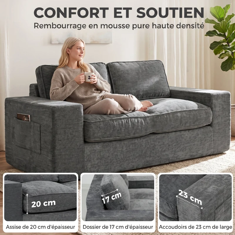 HOMCOM Canapé 2 Places en Chenille, Canapé de Salon 156 cm, Assise et Accoudoirs Larges Rembourrées, 2 Oreillers, Gris