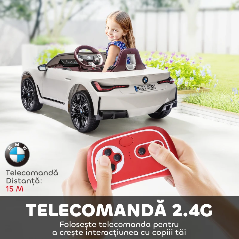 HOMCOM Mașină Electrică pentru Copii 3-6 Ani cu Licență BMW, cu Telecomandă, Claxon și Faruri, 115x67x45 cm, Albă(m-5)