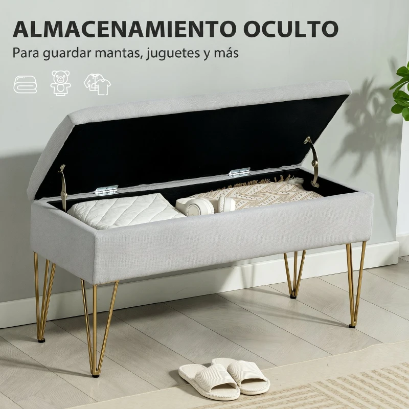 HOMCOM Banco Pie de Cama Tapizado en Lino Sintético con Patas de Acero y Asiento Acolchado Gris Claro