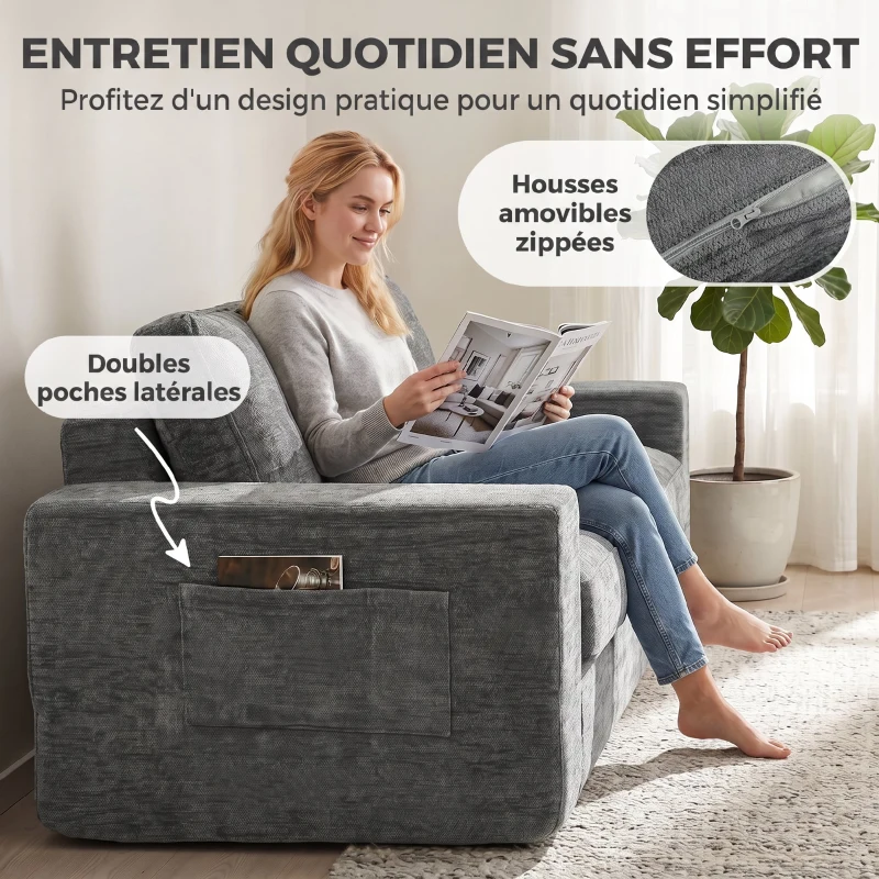 HOMCOM Canapé 2 Places en Chenille, Canapé de Salon 156 cm, Assise et Accoudoirs Larges Rembourrées, 2 Oreillers, Gris