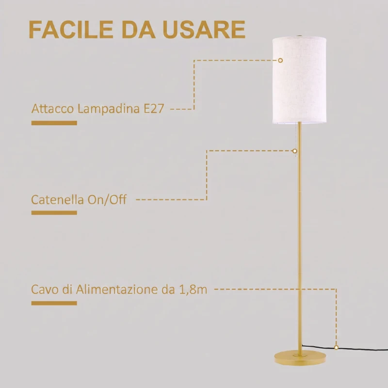 HOMCOM Lampada da Terra con Interruttore a Catena, Paralume in Lino e Base in Acciaio, Attacco E27, Oro e Crema