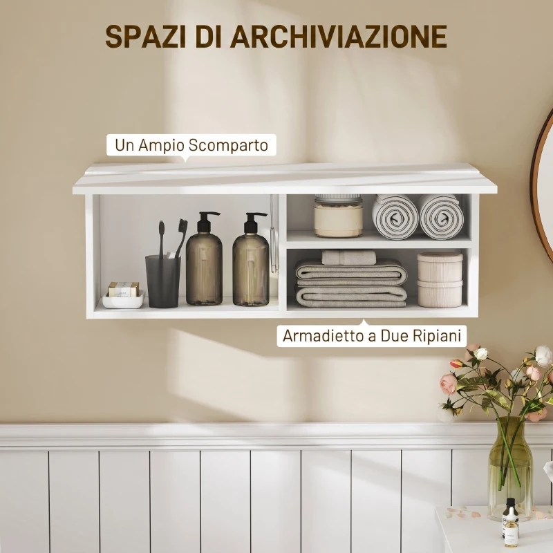 HOMCOM Mobiletto Bagno Pensile con Anta a Ribalta e Ripiani, 80x25x30 cm, Bianco