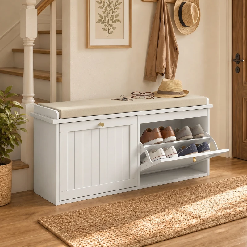 HOMCOM Panca Scarpiera con Cuscino Imbottito, 2 Cassetti Ribaltabili per 8-10 Paia di Scarpe, Bianco
