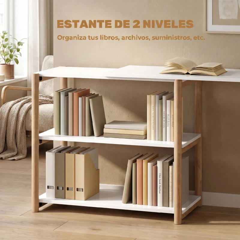 HOMCOM Escritorio Plegable de Ordenador Moderno con Estantes de Almacenamiento y Estructura de Bambú Blanco y Roble
