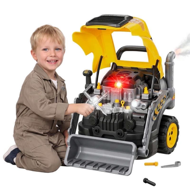AIYAPLAY Motor Toy for Kids 68-piece Excavator Car Repair Set with Lights & Sound, Fog Function Sounds, Steering Wheel Horn Yellow