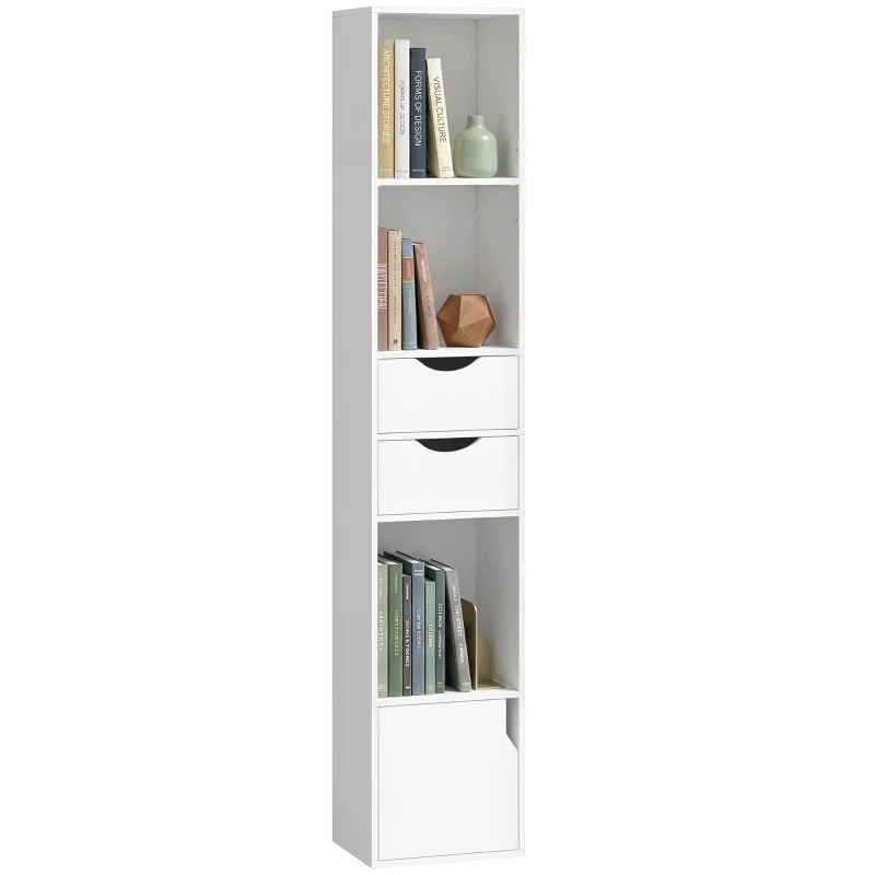 HOMCOM Bibliothèque étagère de rangement avec porte, 2 tiroirs, compartiments ouverts et étagère réglable, 30x24x158cm, blanc