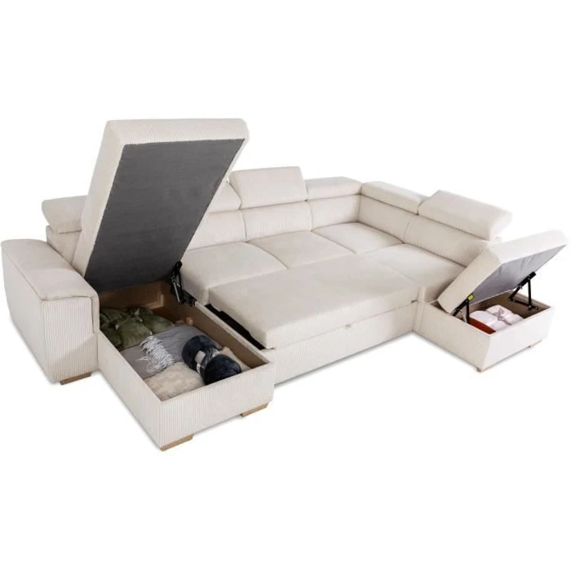 Canapé d'angle convertible panoramique 5 a 6 places DAYTONA - Velours côtelé beige - Avec coffre - L 326 x H 94 x P 216 cm