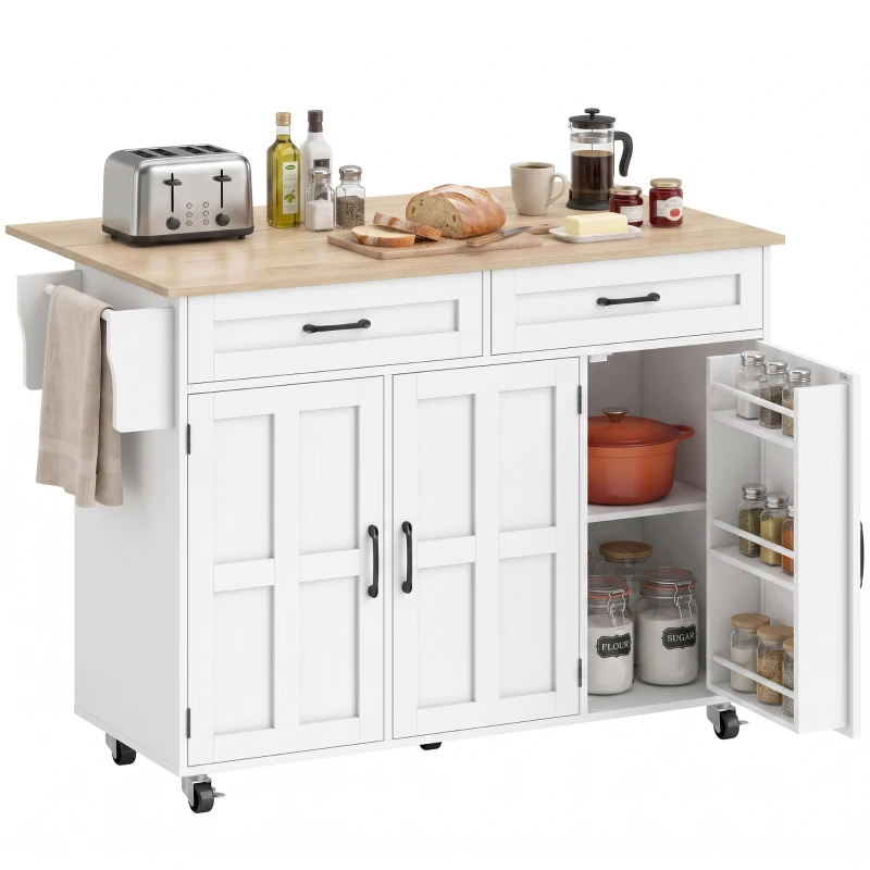 HOMCOM Îlot de cuisine avec plateau rabattable, chariot à roulettes 2 tiroirs, 3 portes, porte-racks et porte-serviettes, blanc