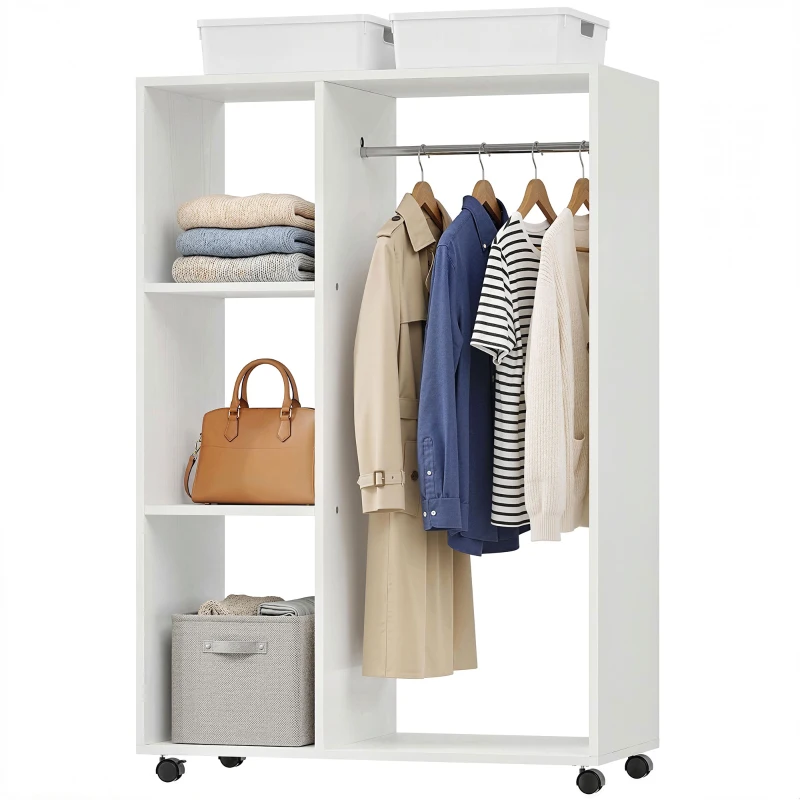 HOMCOM Kleiderschrank auf Rollen, mobile Garderobe, Garderobenschrank, Rollbarer Kleiderständer, 80 x 40 x 128 cm, Weiß(m-11)