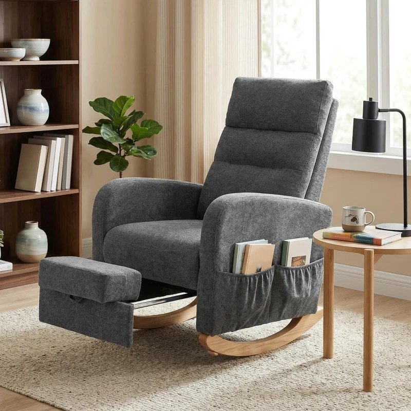 HOMCOM Upholstered Rocking Chair Retractable Footrest Rocker Chair High Back for Living Room Grey