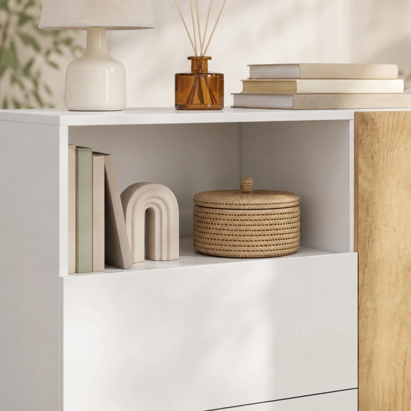 HOMCOM Aparador de Salón de 2 Puertas con 2 Cajones Compartimento Abierto y Estante Ajustable 140x40x85 cm Blanco y Roble