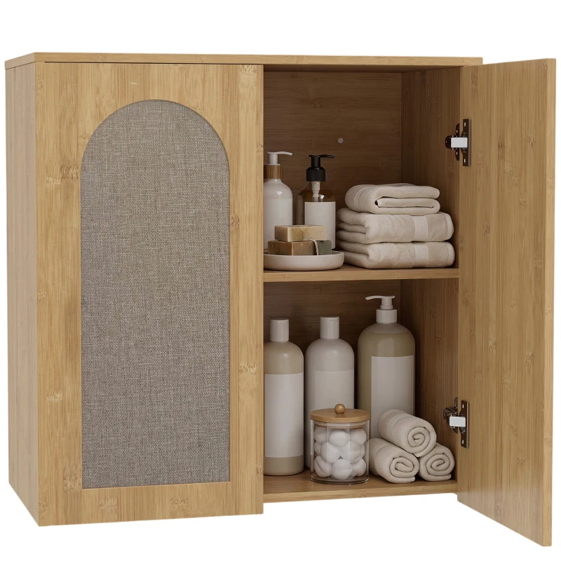 HOMCOM Boho Wandschrank fürs Badezimmer mit 2 Türen in Rattan‑Optik, Soft‑Close und verstellbarem Regal, Eiche