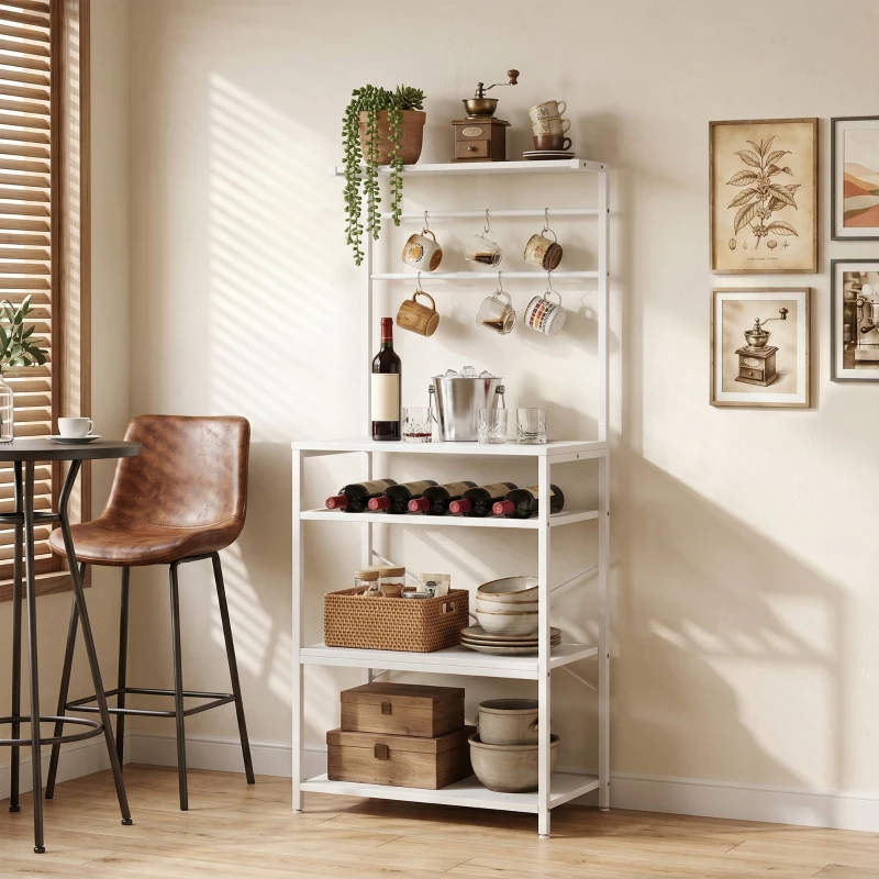 HOMCOM Freestanding Shelving Unit, Industrial Storage Shelf with 6 Hooks and Wine Rack for Living Room, Home Office, White