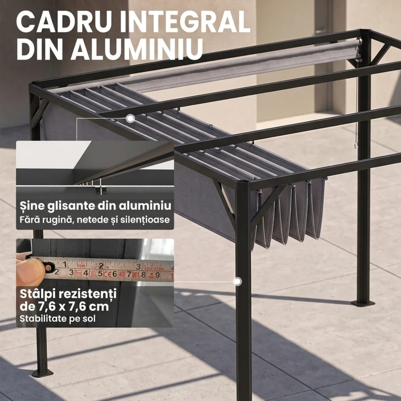 Outsunny Gazebo Pergolă Retractabilă 3x3 m cu Tendă Rulantă și Orificii de Drenaj, din Oțel și Poliester Gri Închis