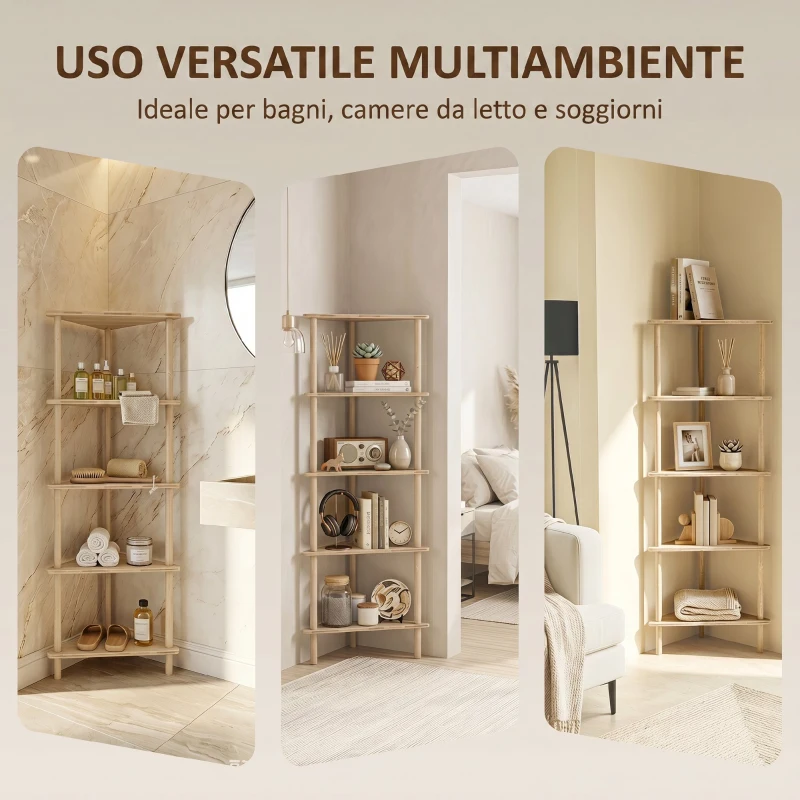 HOMCOM Scaffale Angolare a 5 Ripiani in Bambù, 41.5x21.5x114 cm, Legno