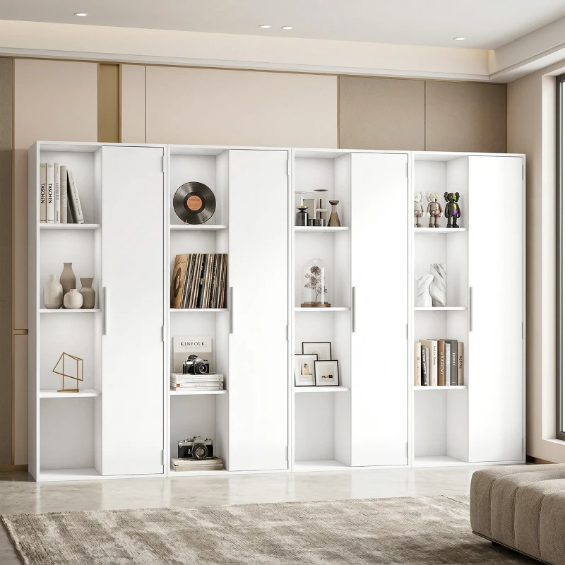 HOMCOM 4-stöckiges Bücherregal mit verstellbaren Regalböden, Regal mit Schrank und Türen für Wohnzimmer, Arbeitszimmer, Weiß
