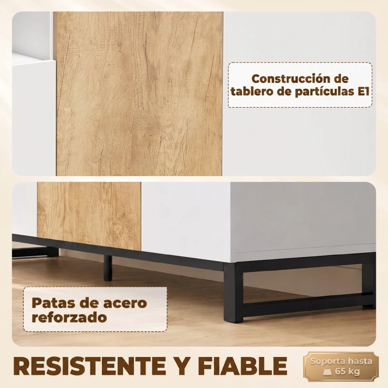 HOMCOM Aparador de Salón de 2 Puertas con 2 Cajones Compartimento Abierto y Estante Ajustable 140x40x85 cm Blanco y Roble