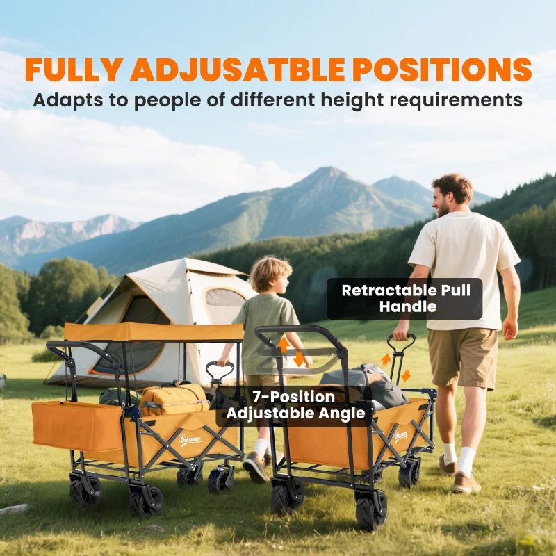 Outsunny 180L Festival Trolley on Wheels, Push & Pull Beach Cart with Removable Canopy, Wide All-Terrain Wheels, Folding Camping Trolley Cart, Adjustable Handle for Garden Fishing Shopping, Orange