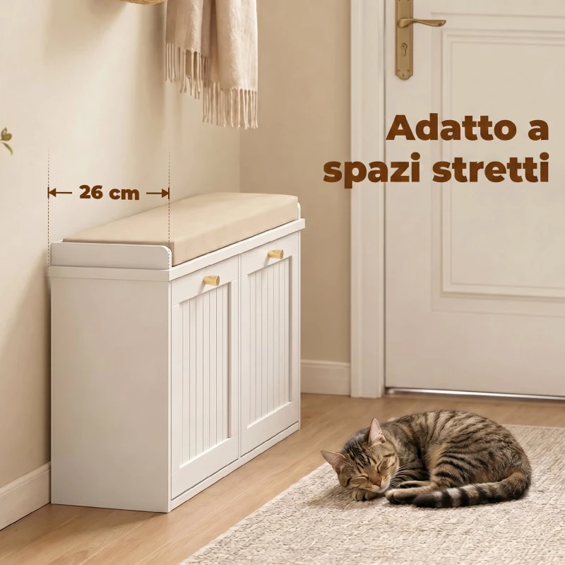 HOMCOM Panca Scarpiera con Cuscino Imbottito, 2 Cassetti Ribaltabili per 8-10 Paia di Scarpe, Bianco