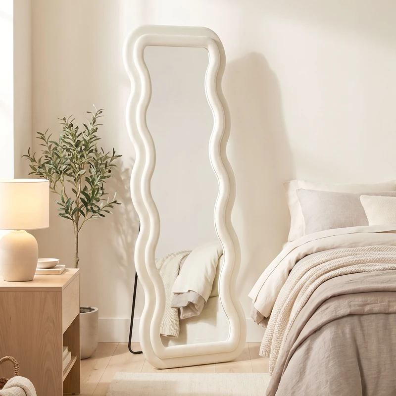 HOMCOM Full Length Mirror, 160 x 60 cm Wavy Full Body Wall Standing Mirror with Velvet Frame and Tempered Glass, Cream White
