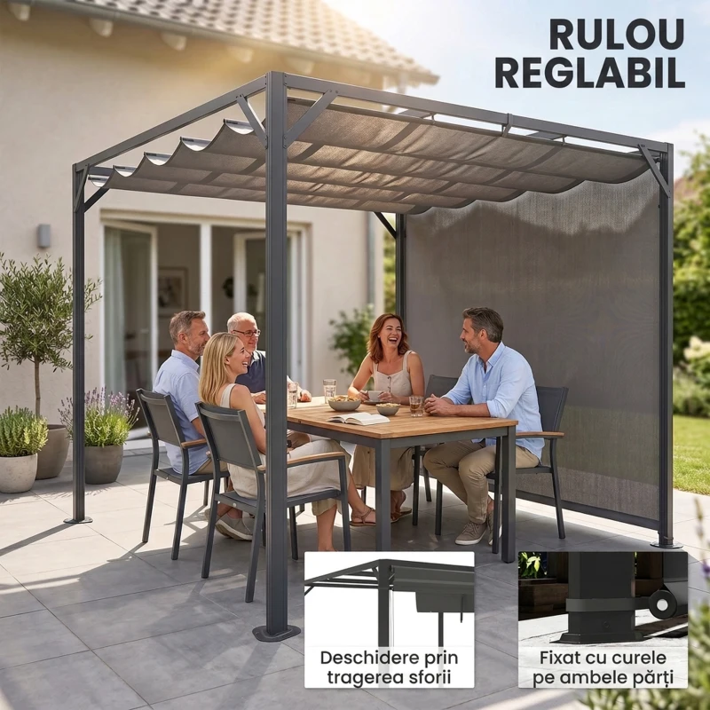 Outsunny Gazebo Pergolă Retractabilă 3x3 m cu Tendă Rulantă și Orificii de Drenaj, din Oțel și Poliester Gri Închis
