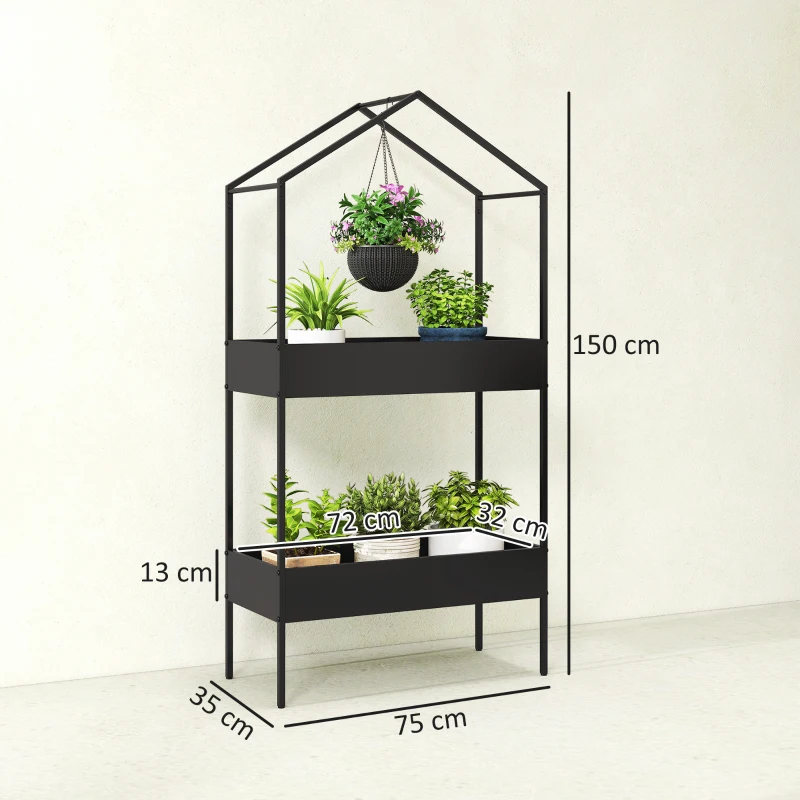 Outsunny 2 Tier Plant Stand, Outdoor Indoor Metal Plant Stand with Hook, House-Shaped Pots Holder Display Rack, Black