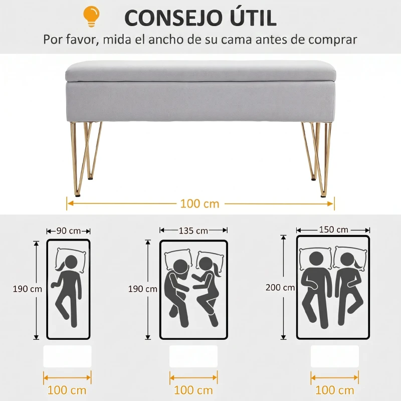HOMCOM Banco Pie de Cama Tapizado en Lino Sintético con Patas de Acero y Asiento Acolchado Gris Claro