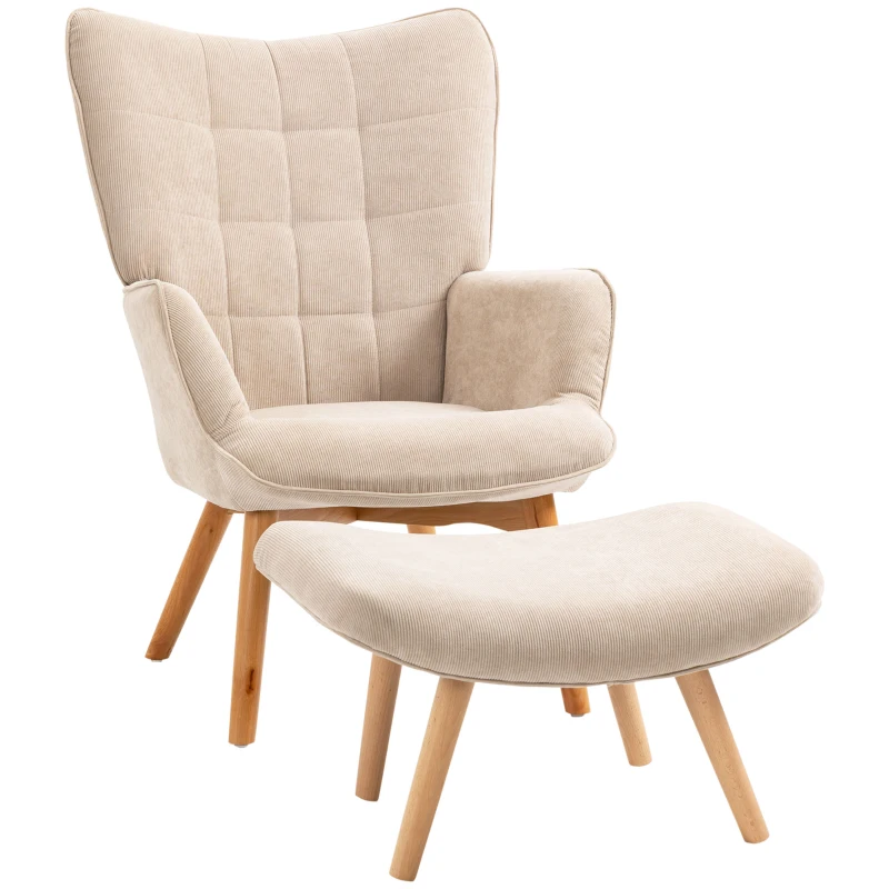 HOMCOM Fauteuil avec repose pied, dossier haut, pieds en bois et tissu aspect velours côtelé, pour salon chambre à coucher beige(m-17)