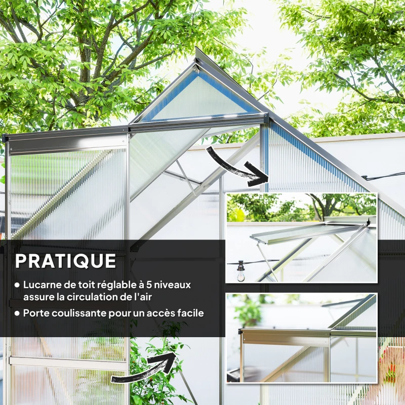 Outsunny Serre de jardin en aluminium polycarbonate avec fondation, serre avec fenêtre réglable porte coulissante 192,5x131x200cm