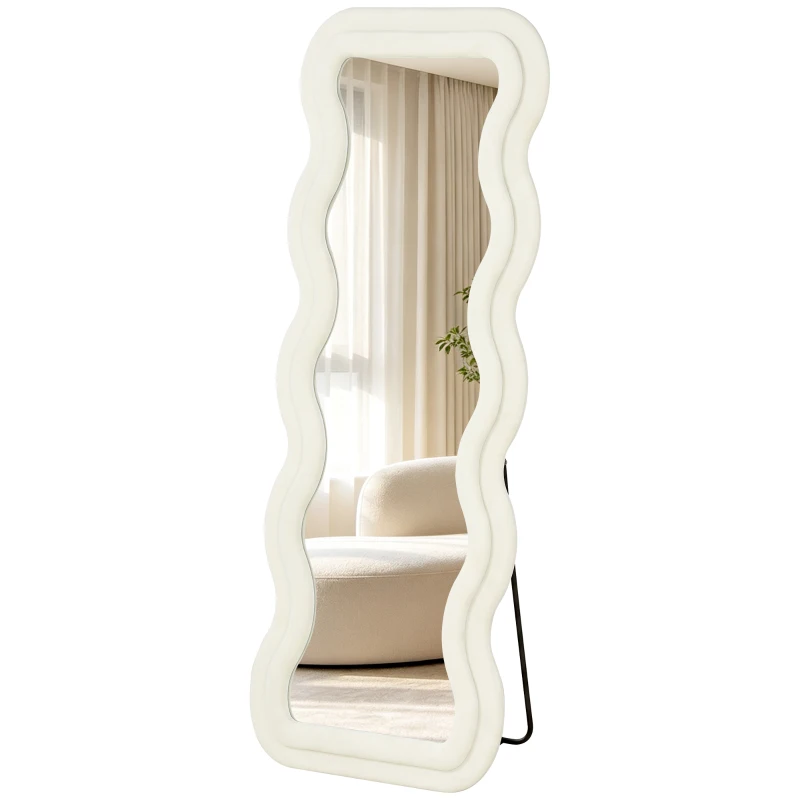 HOMCOM Espejo de Cuerpo Entero 160x60 cm Marco Ondulado Aterciopelado Independiente Apoyado y de Pared Crema