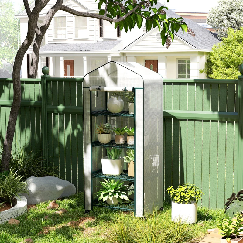 Outsunny 4 Tier Mini Portable Greenhouse Compact Plant Grow Shed Metal Frame PE Cover with Lockable Rolling Wheels, White