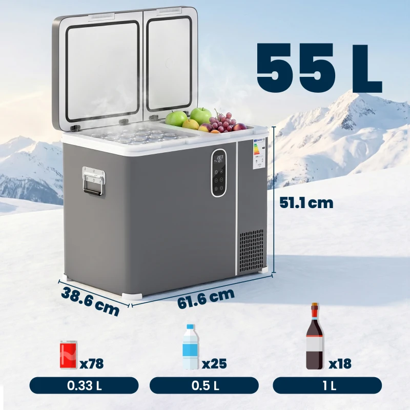 Outsunny 55L Compressor Car Fridge Freezer, Dual Zone Camping Refrigerator with App Control, Grey