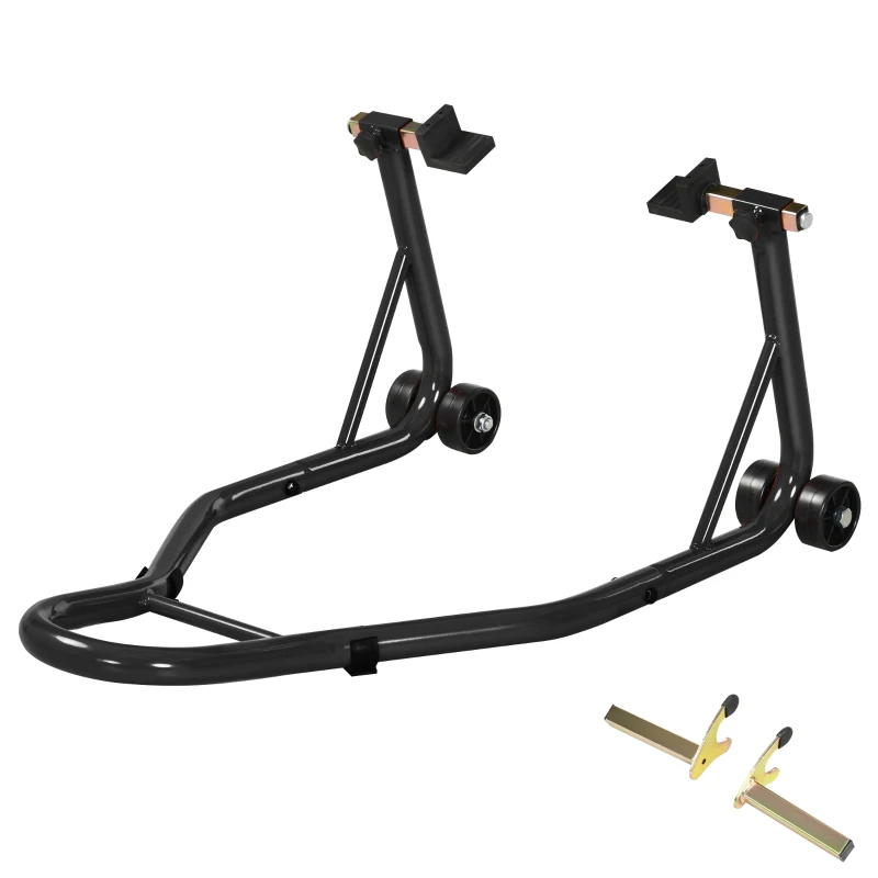HOMCOM Soporte de Caballete Trasero para Motocicleta Elevador de Rueda con Ruedas y Brazo Oscilante en U Negro
