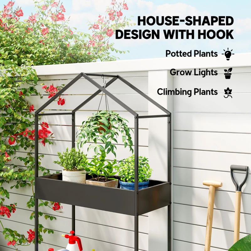 Outsunny 2 Tier Plant Stand, Outdoor Indoor Metal Plant Stand with Hook, House-Shaped Pots Holder Display Rack, Black