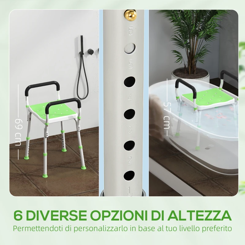 HOMCOM Sgabello Doccia in Alluminio ad Altezza Regolabile con Braccioli e Piedini Antiscivolo, Verde
