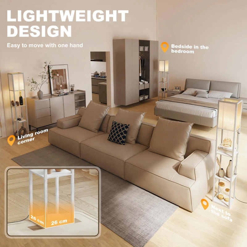 HOMCOM 3-Tier Floor Lamp with Shelves and Storage, Modern Corner Standing Lamp with Lampshade, Foot Switch for Living Room, Bedroom, Home Office, Bulb not Included, White