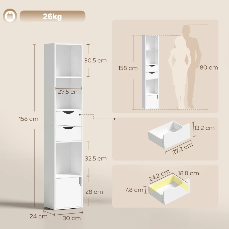 HOMCOM Bibliothèque étagère de rangement avec porte, 2 tiroirs, compartiments ouverts et étagère réglable, 30x24x158cm, blanc