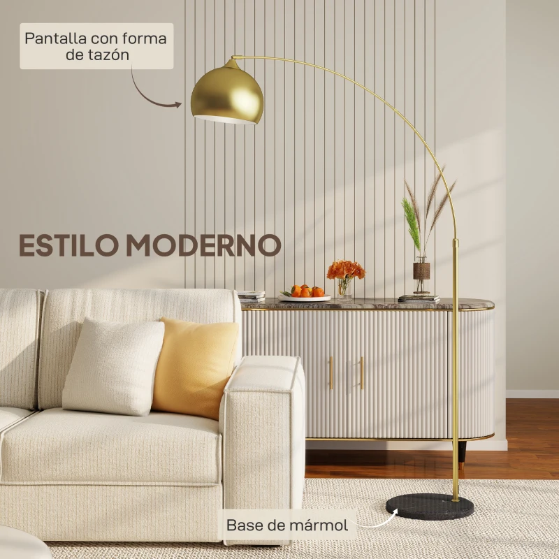 HOMCOM Lámpara de Pie Arco Moderna 40 W con Altura y Longitud Ajustable con Interruptor de Pie 110-115x35x170-180 cm Dorado