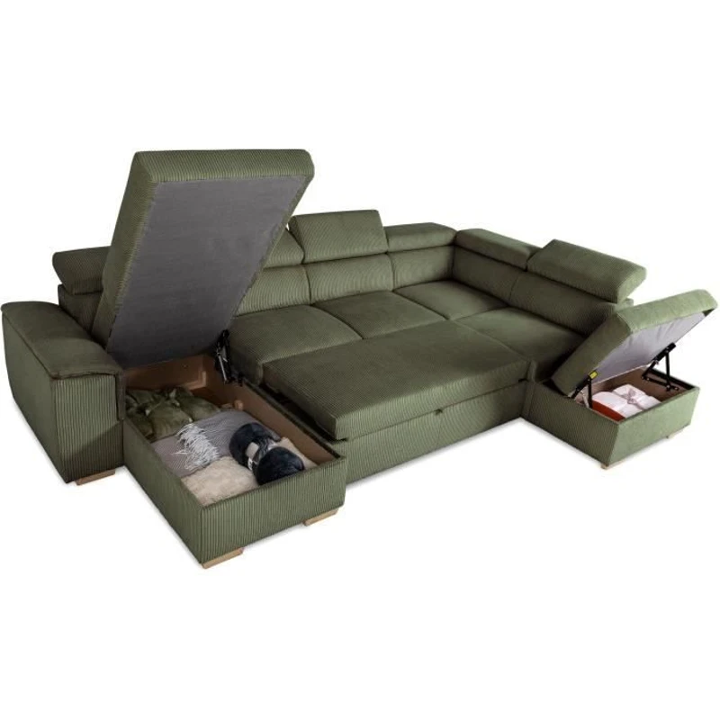 Canapé d'angle convertible panoramique 5 a 6 places DAYTONA - Velours côtelé kaki - Avec coffre - L 326 x H 94 x P 216 cm