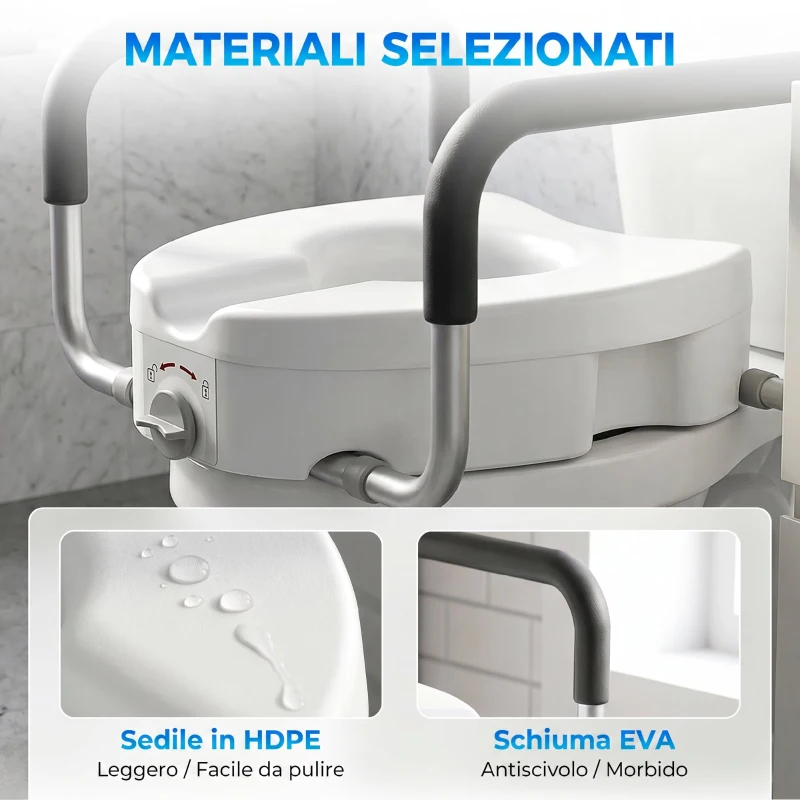 HOMCOM Rialzo WC per Anziani in HDPE con Maniglie Antiscivolo, Larghezza Regolabile, Capacità 136kg, Bianco