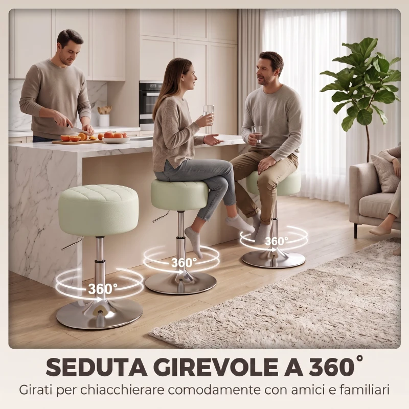 HOMCOM Sgabello da Bar in Pelle PU con Altezza Regolabile, Seduta Girevole a 360° e Morbida, Bianco