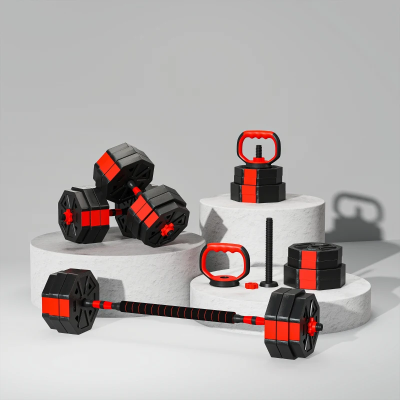 SPORTNOW 6-in-1 Adjustable Weight Dumbbells Set, Used as Kettlebell, Barbell, Dumbbell, Push-Up Stand, 30kg Free Weights Set for Men and Women Home Gym Training, Red