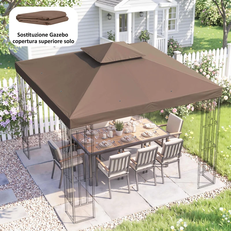 Outsunny Tetto di Ricambio per Gazebo 3x3m a 2 Livelli e Resistente ai Raggi UV, Caffè