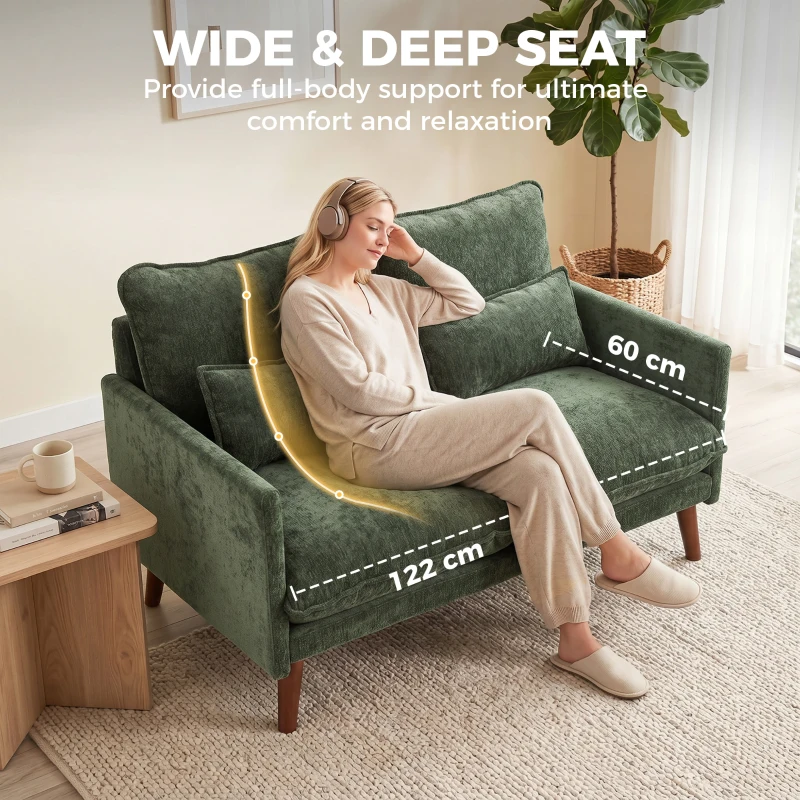 HOMCOM 2 Seater Sofa, Loveseat Sofa with Spring Cushions, Wide and Deep Seat, Wood Legs, Green