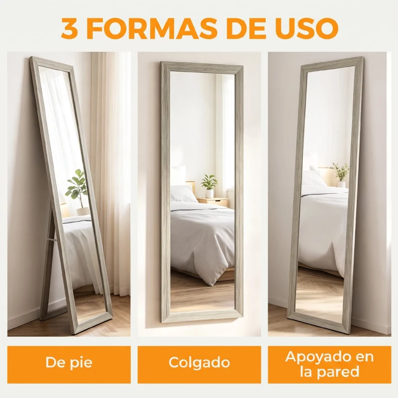 HOMCOM Espejo de Cuerpo Entero 37x157 cm Espejo de Pie Espejo de Pared Forma Rectangular con Marco de Madera Gris