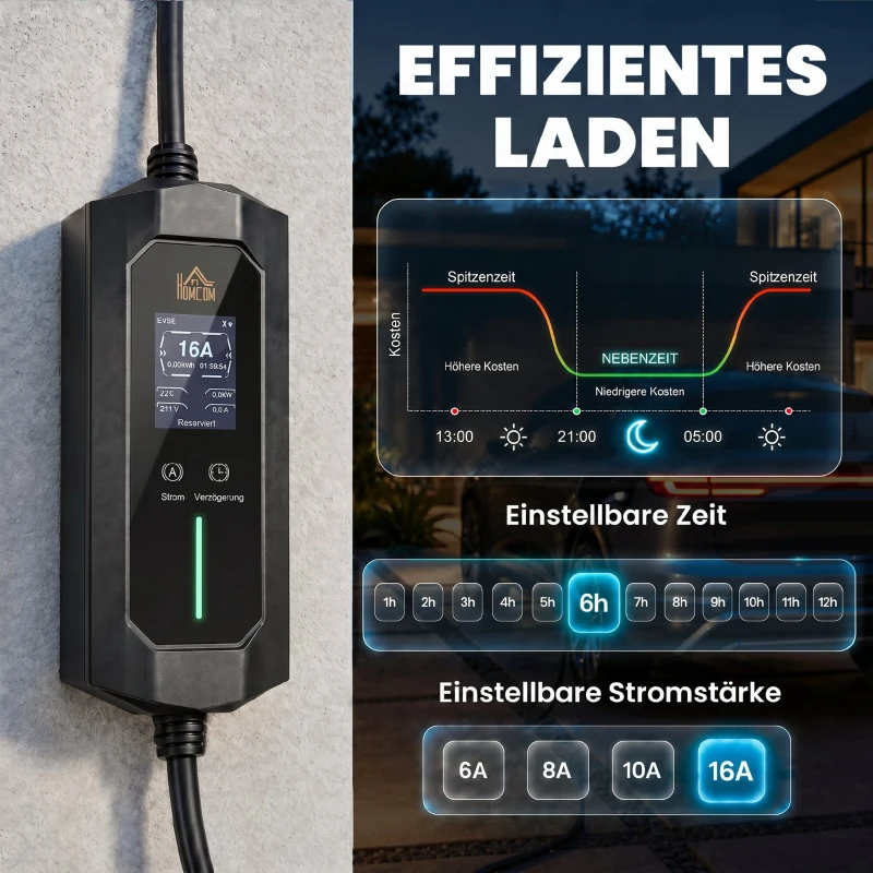 HOMCOM Mobile Wallbox 11kW 8m Typ 2 6–16 A 3-Phasig Ladekabel CEE 16A auf Typ 2 mit Einstellbarer Ladeleistung Startzeitvorwahl