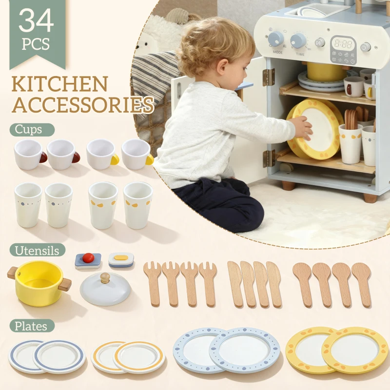 AIYAPLAY Wooden Dishwasher Playset, Kitchen Sink Toys with Faucet, Sink and Accessories, Gift for Boys Girls Toddlers