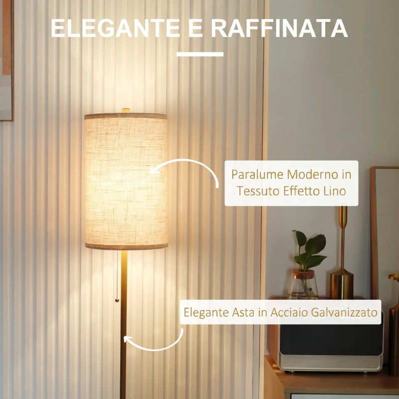 HOMCOM Lampada da Terra con Interruttore a Catena, Paralume in Lino e Base in Acciaio, Attacco E27, Oro e Crema
