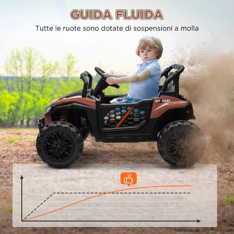 AIYAPLAY Macchina Elettrica per Bambini UTV 12V con Cintura, Telecomando, Sospensioni, USB, 3-6 km/h, 3-5 Anni, Marrone